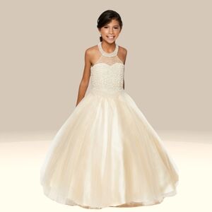Girls halter top pearl beaded pageant dress